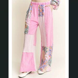 J5 J. Her Bubble Gum Pink Mineral Washed Floral Boho Pants in Wave-knit Jacquad